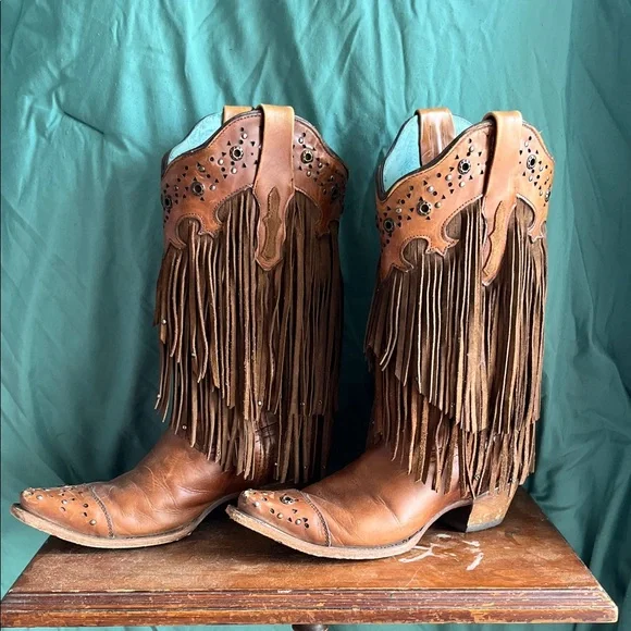 Fringed Western Heeled Boots in Brown - Picture 2 of 2